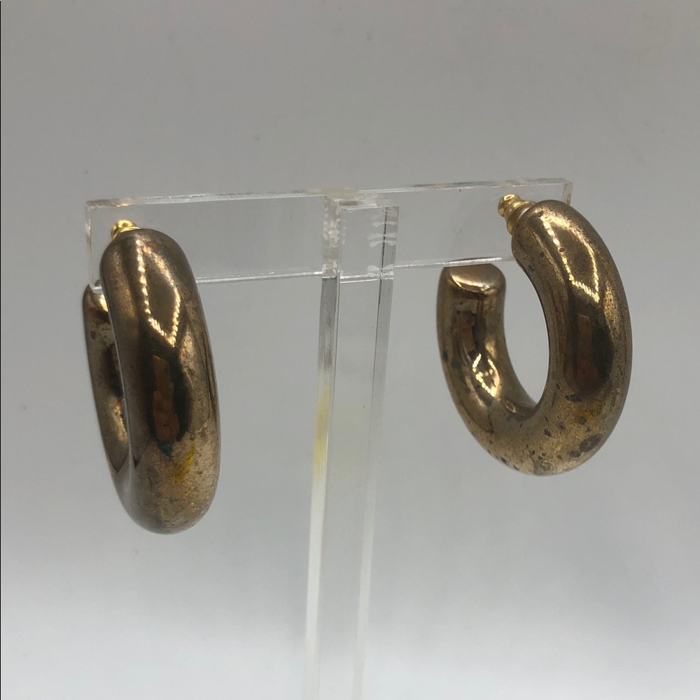 Vintage Thick Hollow Gold Hoop Earrings - Distressed Patina